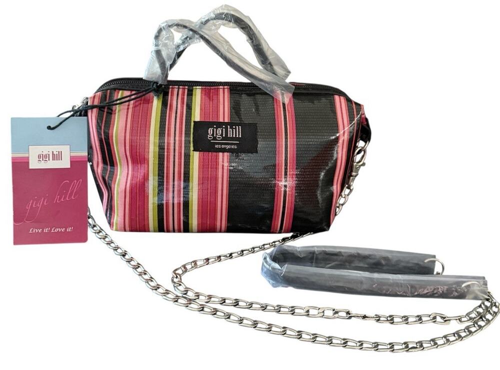Gigi Hill Los Angeles Purse Small Satchel Striped Patent Cross Body Chain Strap